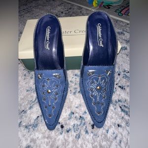 Coldwater Creek Navy Suede Mule with beads & embroidery